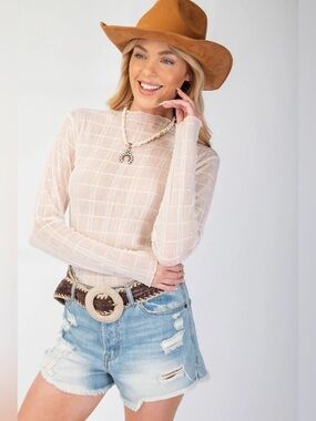 easel Sheer Ivory Grid Long Sleeve Top